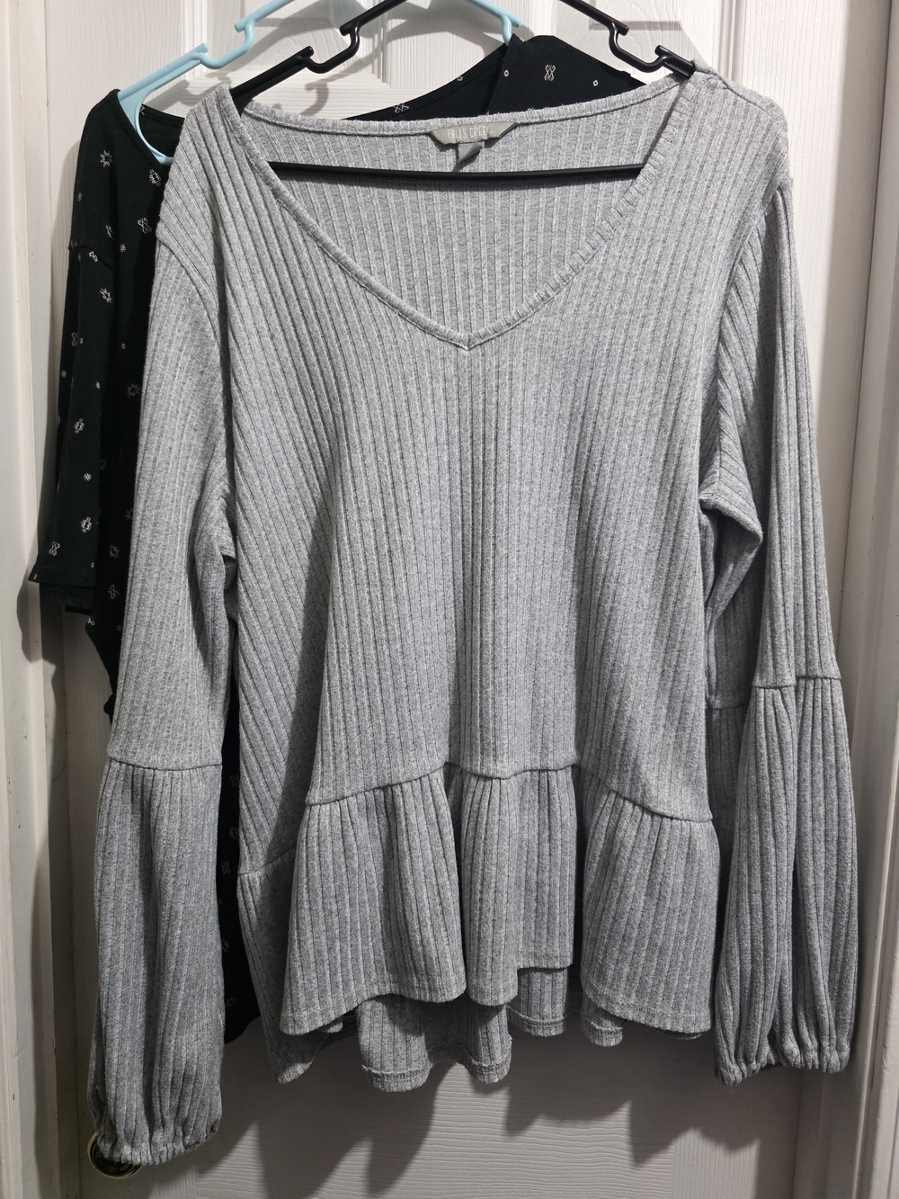 Falls Creek Light Gray Ribbed V-Neck Peplum Top